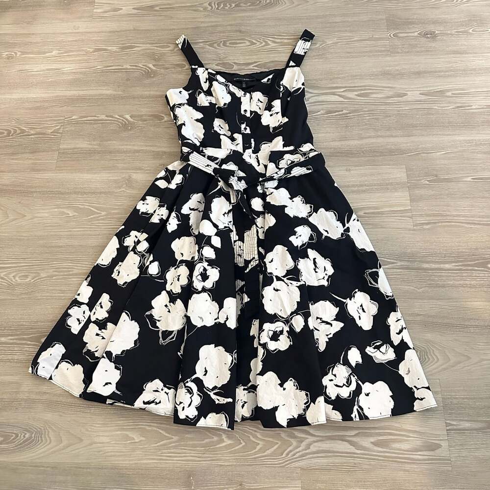 White House Black Market Black and White Floral A-Line Midi Dress Size 12